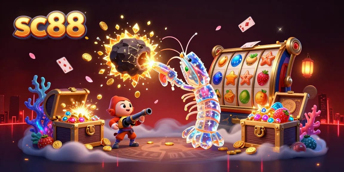 Engage in thrilling casino action with SC88, showcasing vibrant gaming elements like slot reels and jackpots in an underwater fantasy.