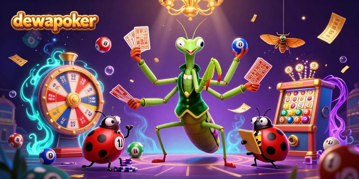 Menggali dunia dewapoker dengan ilustrasi kasino penuh warna, menggambarkan karakter unik dan elemen permainan yang menarik.