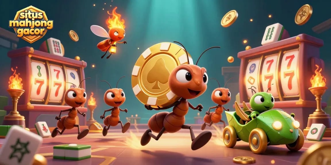 A dynamic scene featuring situs mahjong gacor with ants heisting a massive poker chip and shining Mahjong symbols.