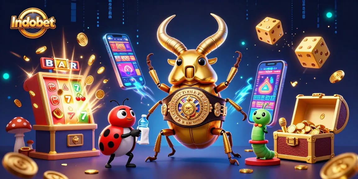 Indobet menampilkan ilustrasi kasino 3D berwarna cerah dengan karakter lucu dan elemen slot.