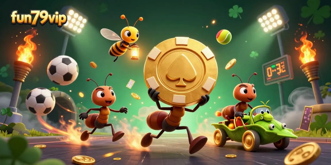 Join the fun79vip heist with animated ants carrying a giant poker chip amid dynamic sports elements.