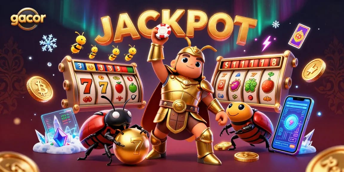 Spin the reels on gacor slot games for big wins, showcasing vibrant 3D casino imagery.