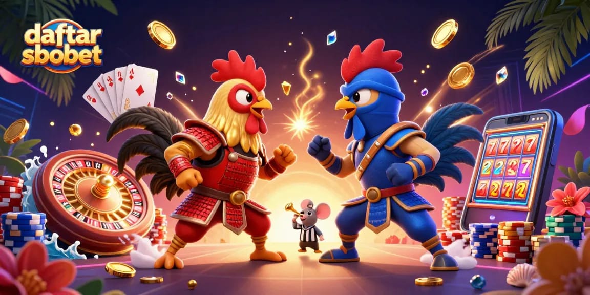 Place your bets with daftar sbobet in this dramatic fighting rooster showdown illustration featuring vibrant casino elements.