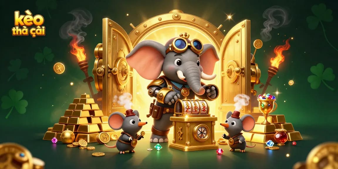 Engage with kèo nhà cái through a vibrant steampunk-themed casino scene showcasing a golden slot machine.