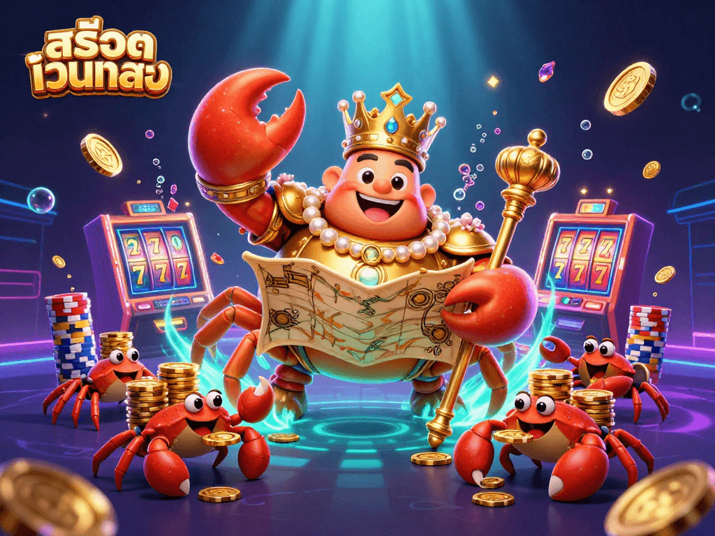 Playing สล็อตเว็บตรง with a massive golden crab emperor amidst dazzling slot symbols and colorful poker chips.