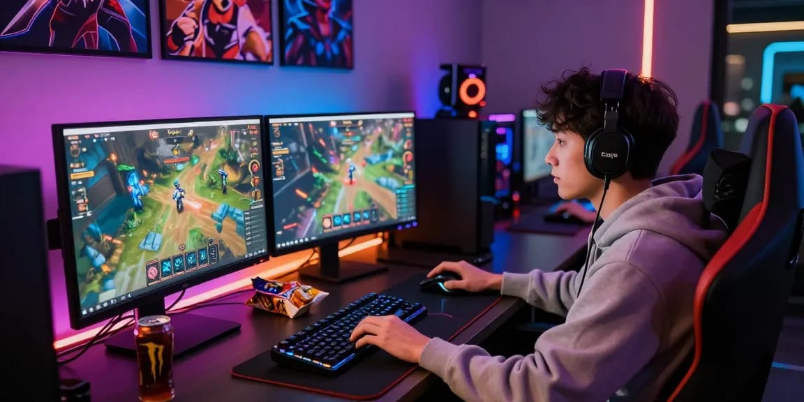 Engaging scene of Raja Game login with gamer focused on multiple monitors in a vibrant gaming setup.