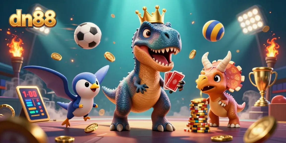 Experience the thrill of dn88 as cartoon dinosaurs shuffle cards and stack chips in a dynamic casino scene.