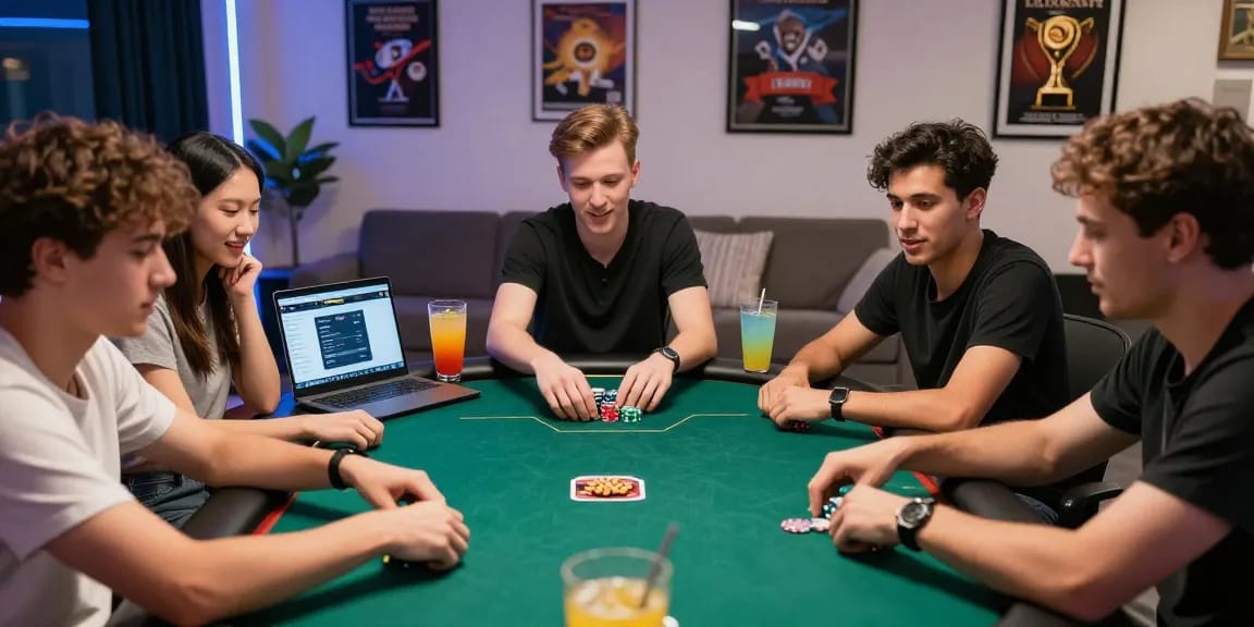 Permainan poker online di Dewapoker dengan kelompok teman yang bersemangat.