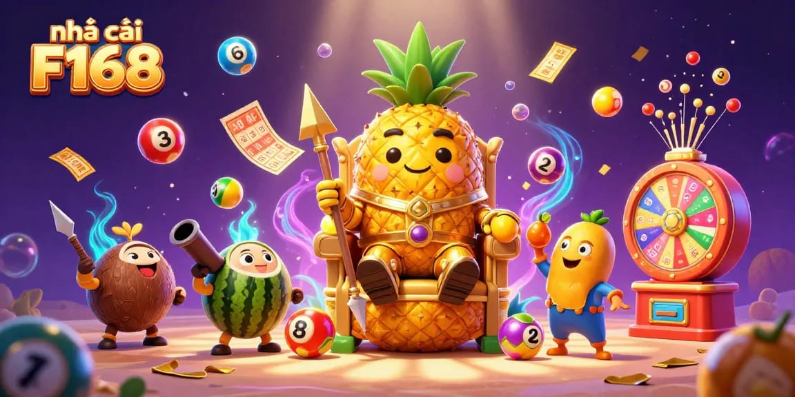 Engage with nhà cái F168 in a vibrant casino scene featuring dynamic lottery elements and golden characters.