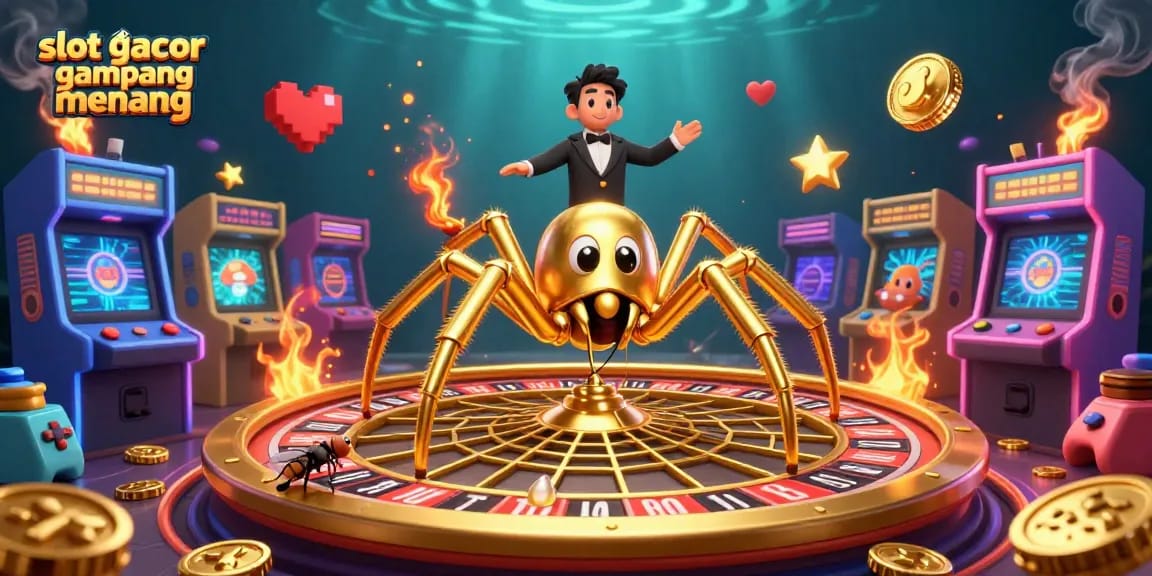 Engage with slot gacor gampang menang in this vibrant, 3D casino illustration featuring animated characters and game elements.