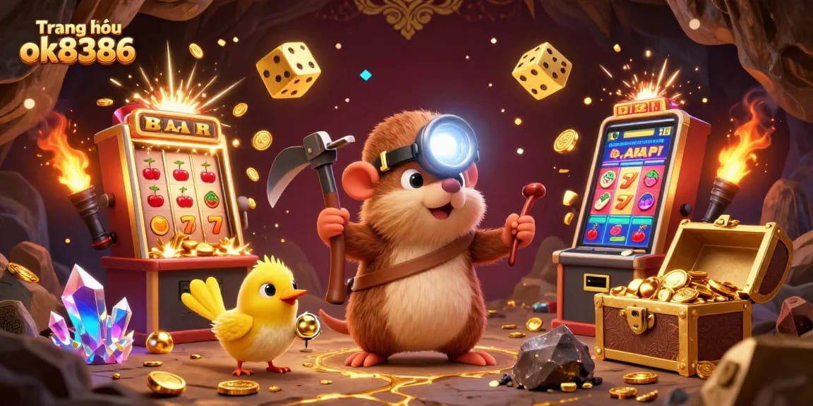 Engage with the vibrant world of Trang chủ ok8386 in 3D, showcasing a dynamic casino scene with treasure hunter elements.