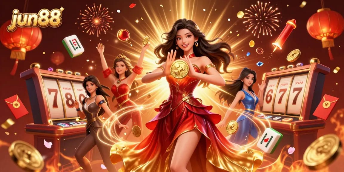 Experience casino excitement with jun88 showcasing a stunning Asian woman holding a golden coin amidst vibrant game elements.