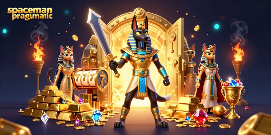 Engage with the vibrant spaceman pragmatic slot gaming scene showcasing Anubis and Bastet surrounded by riches.
