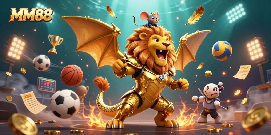 Engage in MM88's thrilling adventure with a roaring chimera and dynamic sports elements.
