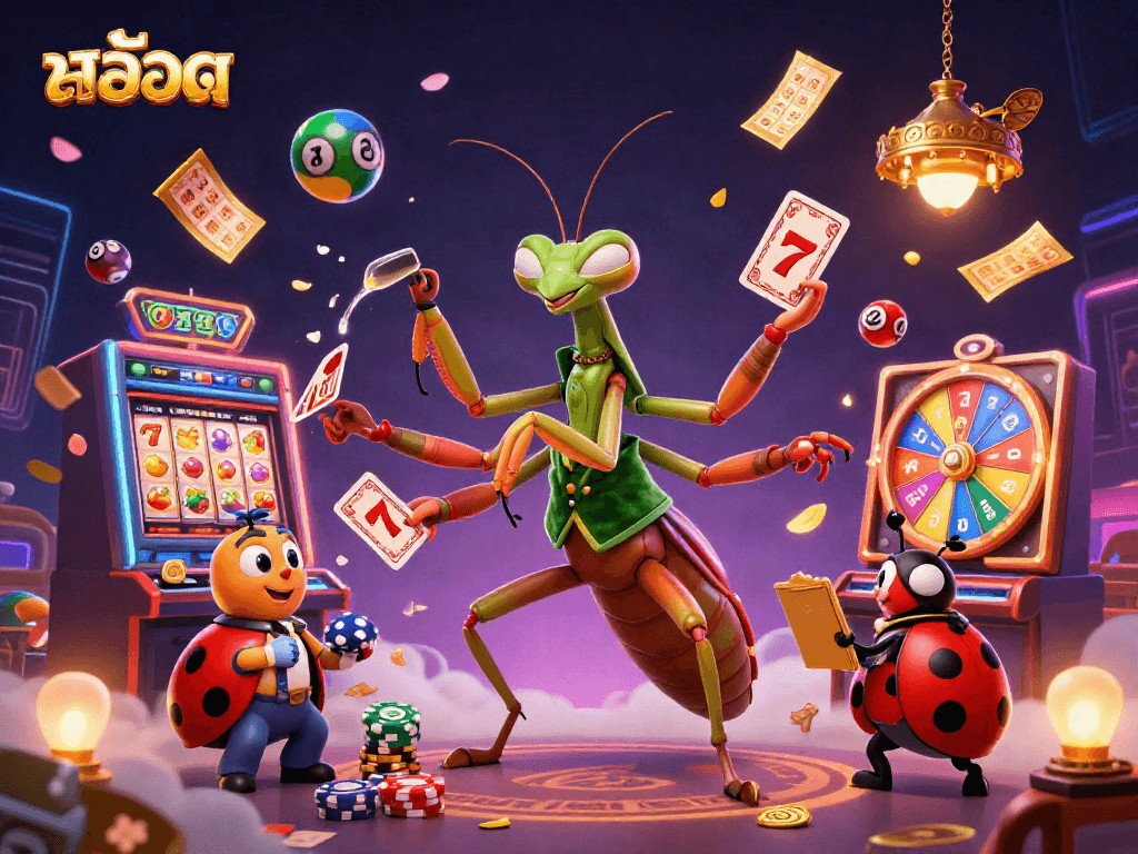 Engage with slots สล็อต excitement alongside animated casino characters in vibrant illustration.