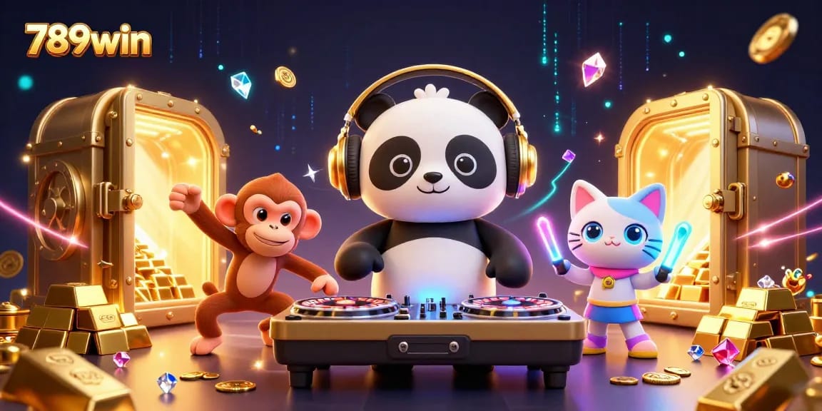 Engage with 789win's vibrant casino atmosphere featuring DJ panda and breakdancing monkey in a dazzling scene.