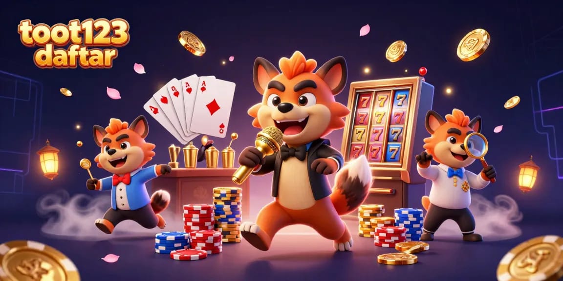 Experience the excitement of toot123 daftar with lively hyenas in a vibrant casino scene featuring slot machines and poker.