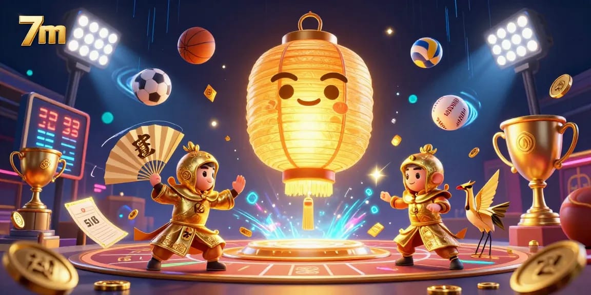 Experience the thrill of sports betting at 7m casino with dynamic sports elements and vibrant golden lanterns.