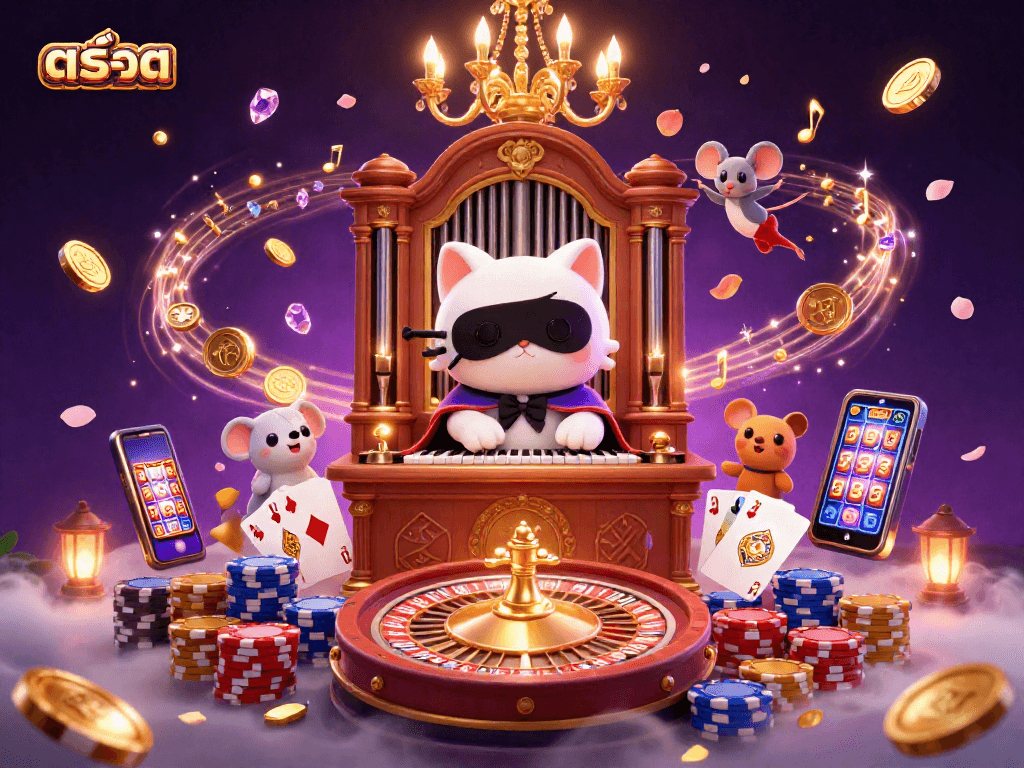 Experience the excitement of สล็อต with a whimsical casino scene filled with dynamic characters and vibrant elements.
