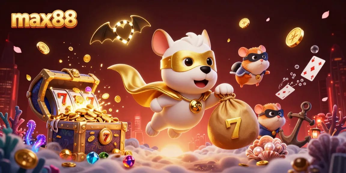 Experience excitement with max88 as the superhero dog flies through a rich casino-themed scene.