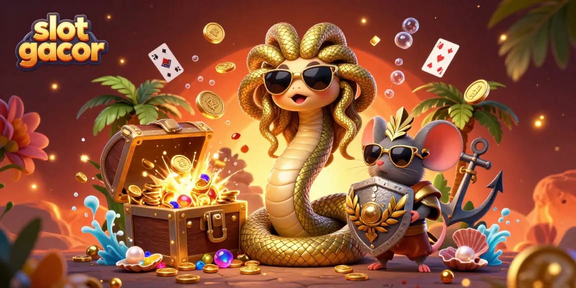 Engage in slot gacor gameplay with a whimsical Medusa and warrior mouse surrounded by colorful treasure.