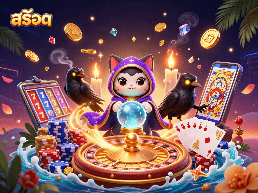 Experience exciting สล็อต adventures with a mystical cat and raven amid flying coins and lights.