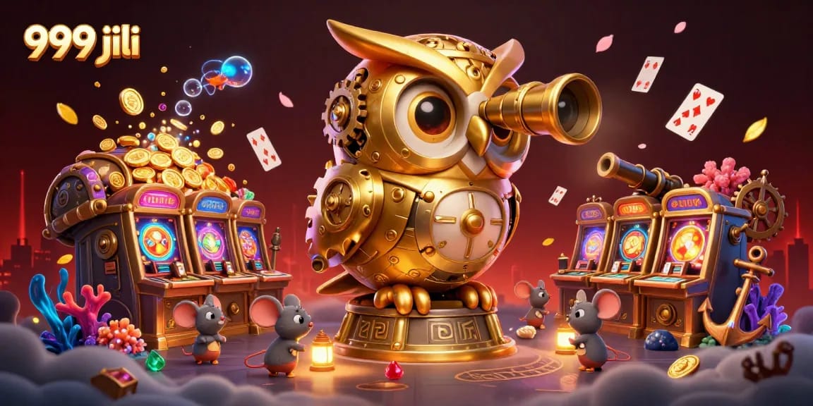 Engage with the thrilling 999 jili casino experience featuring a clockwork owl and vibrant gaming elements.