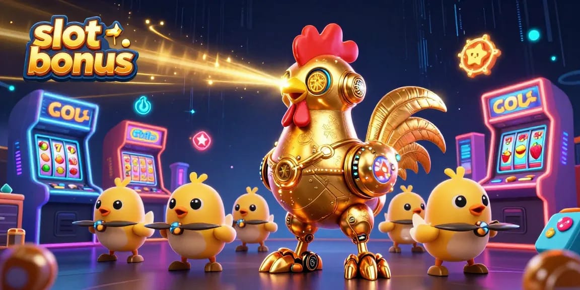 Experience explosive fun with a captivating slot bonus adventure featuring a golden rooster robot and baby chick drones.