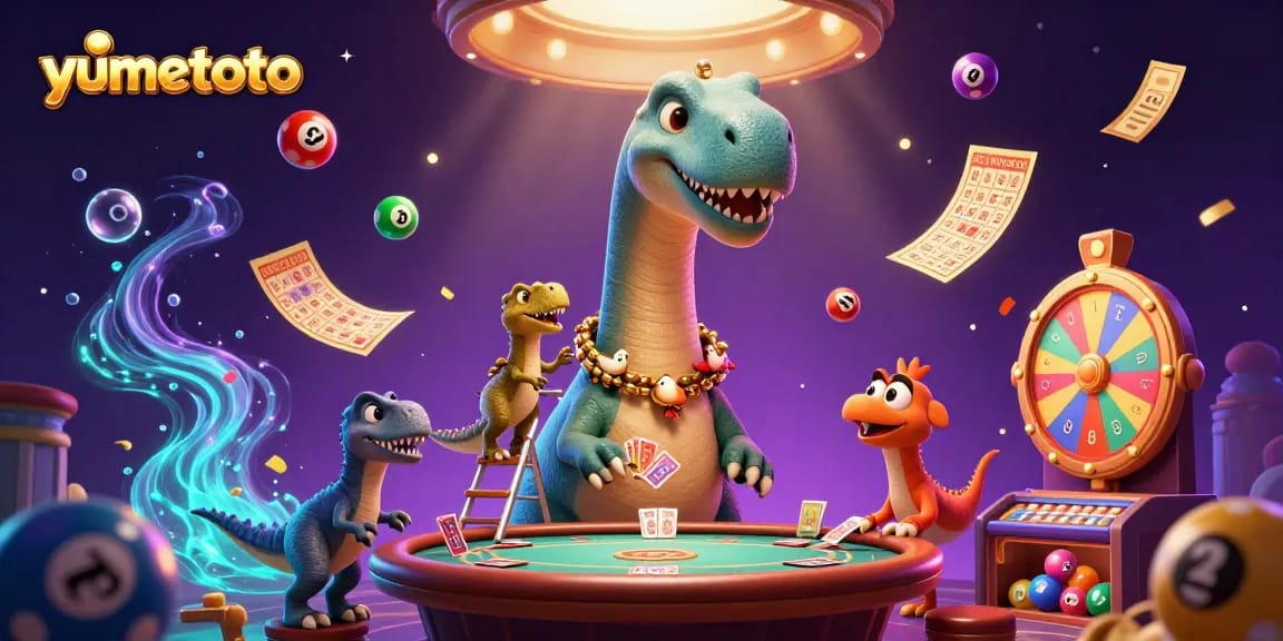 Play lottery games excitingly with yumetoto as a dinosaur deals cards in a vibrant casino.