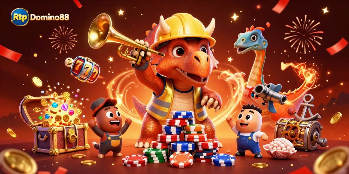 Experience Rtp Domino88 excitement with a triceratops building poker chip pyramids amidst a casino wonderland.