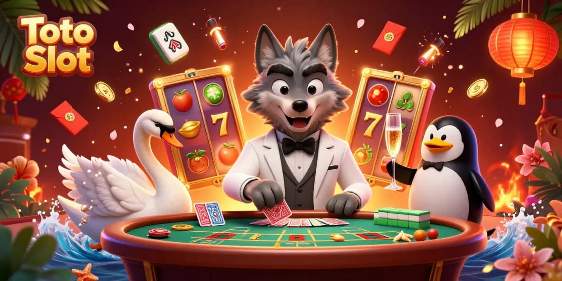 Experience the excitement of Toto Slot with a vibrant casino scene featuring lively characters and spinning reels.