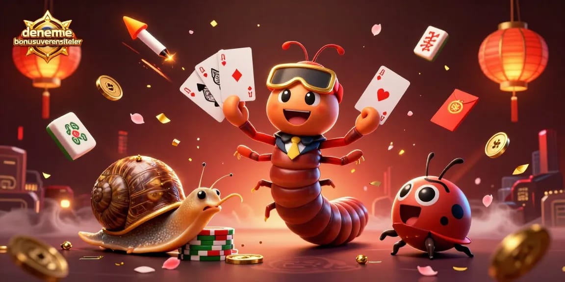 Engage with denemebonusuverensiteler in this vibrant 3D casino illustration showcasing a playful millipede dealer and colorful gaming elements.