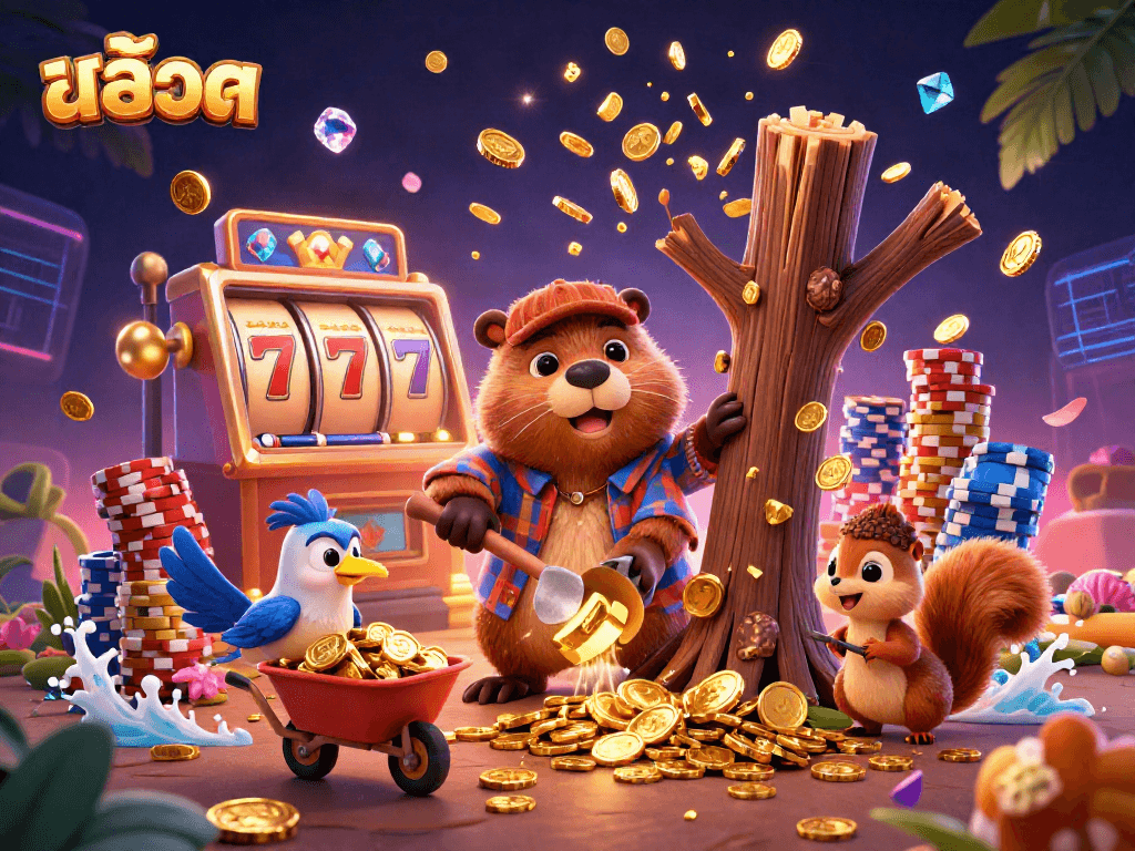 Engage with สล็อต slot machine action featuring a beaver, bird, and squirrel in a dynamic casino scene.
