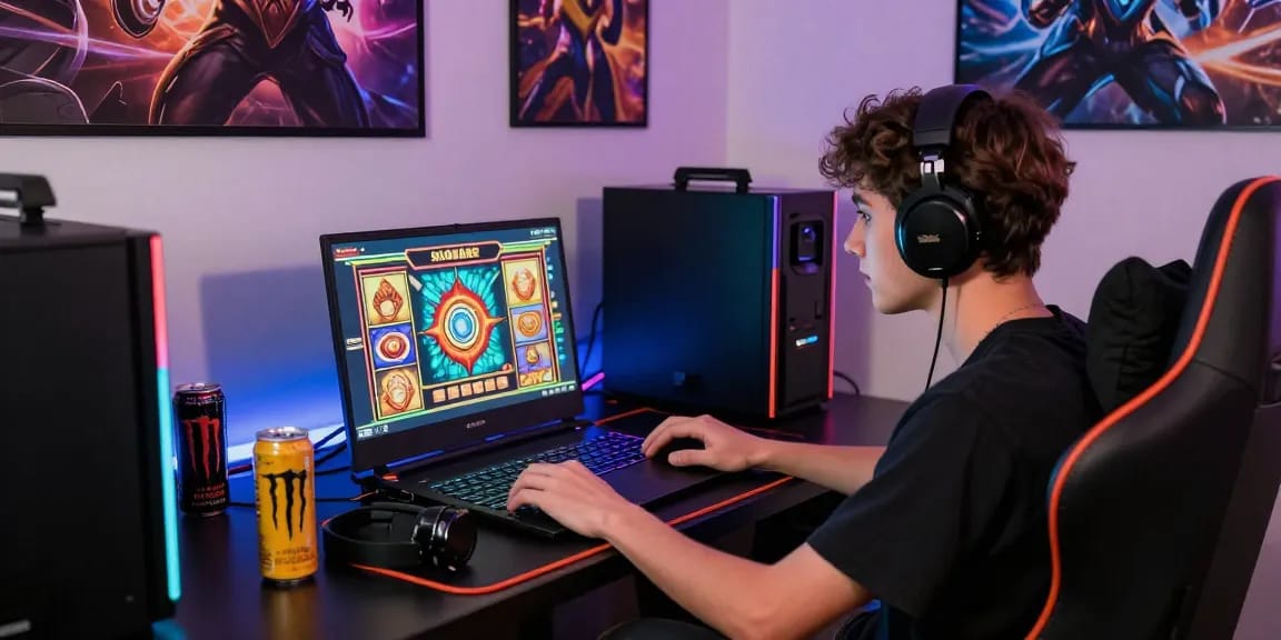 Pengalaman seru bermain slot di tanganemas dengan laptop gaming di ruangan modern.