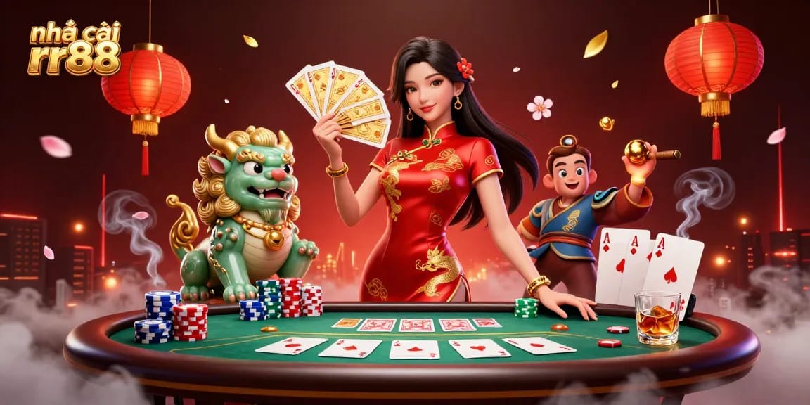 Experience luxury gaming at nhà cái rr88 with vibrant characters, poker, and casino elements.