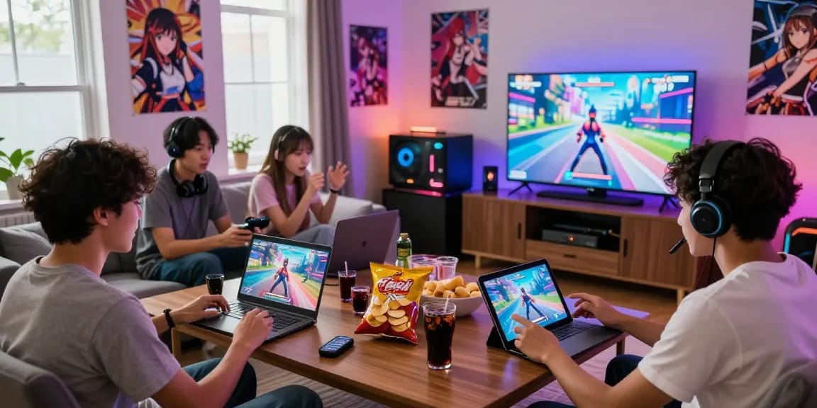 Friends enjoying hentai games in a lively gaming atmosphere with devices and snacks.
