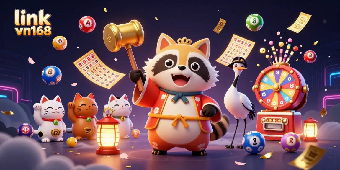 Experience the thrill of gameplay with link vn168 featuring a festive tanuki, maneki-neko cats, and dynamic lottery elements.