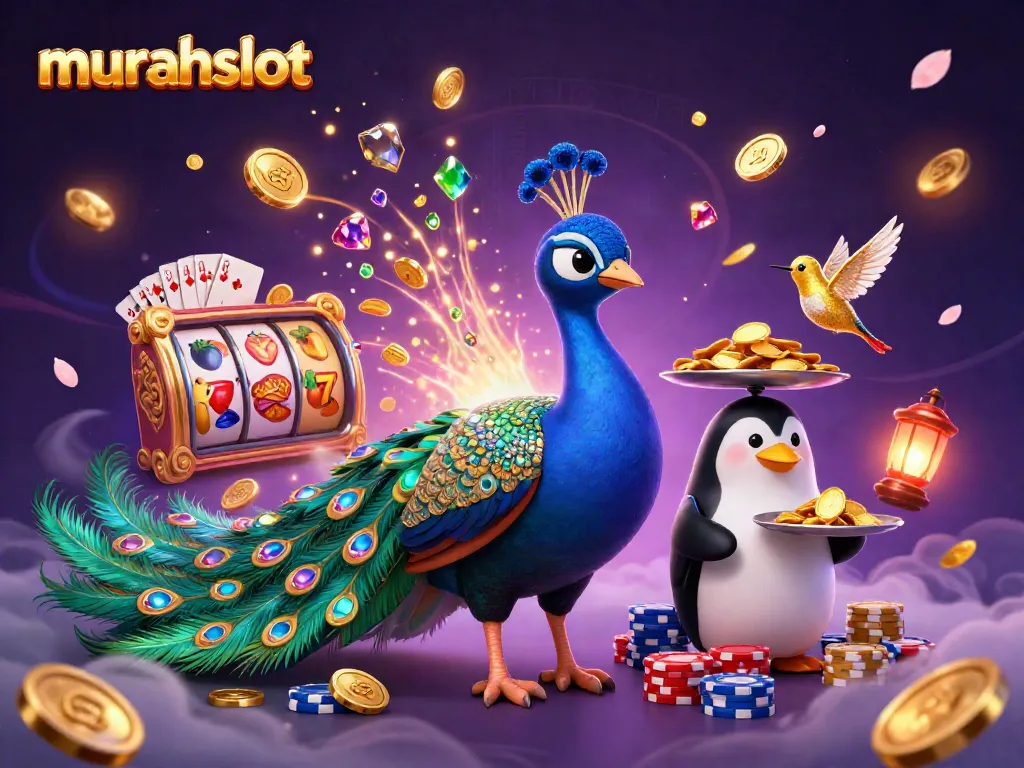 Menangkan jackpot dengan murahslot! Ilustrasi kasino menampilkan burung merak, penguin pelayan, dan kupu-kupu emas.
