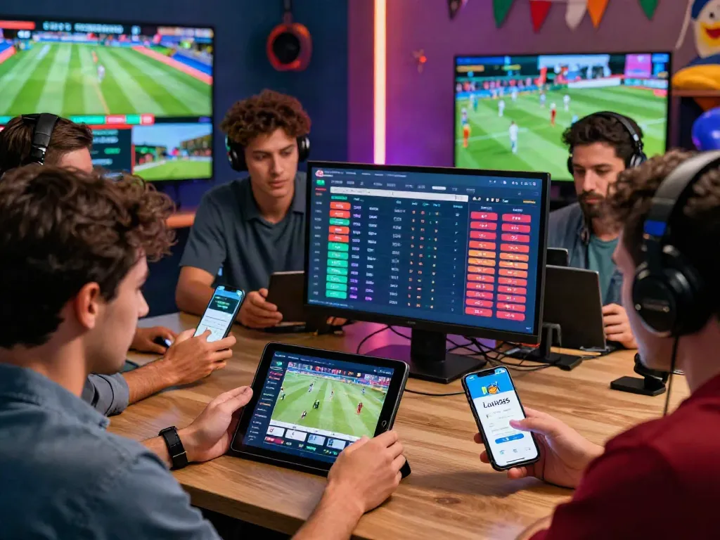 Lotus365 live betting scene with cricket and football fans excitedly engaging on digital platforms, showcasing thrilling sports interaction.