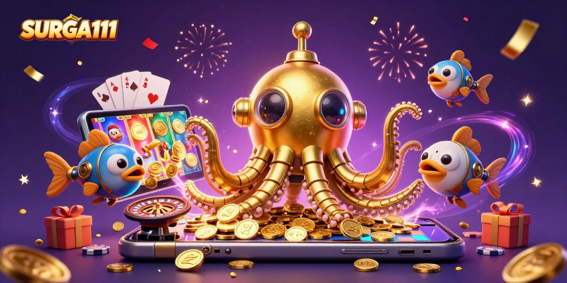 Experience the excitement of SURGA111 with a dynamic illustration of a golden kraken and slot games erupting coins.