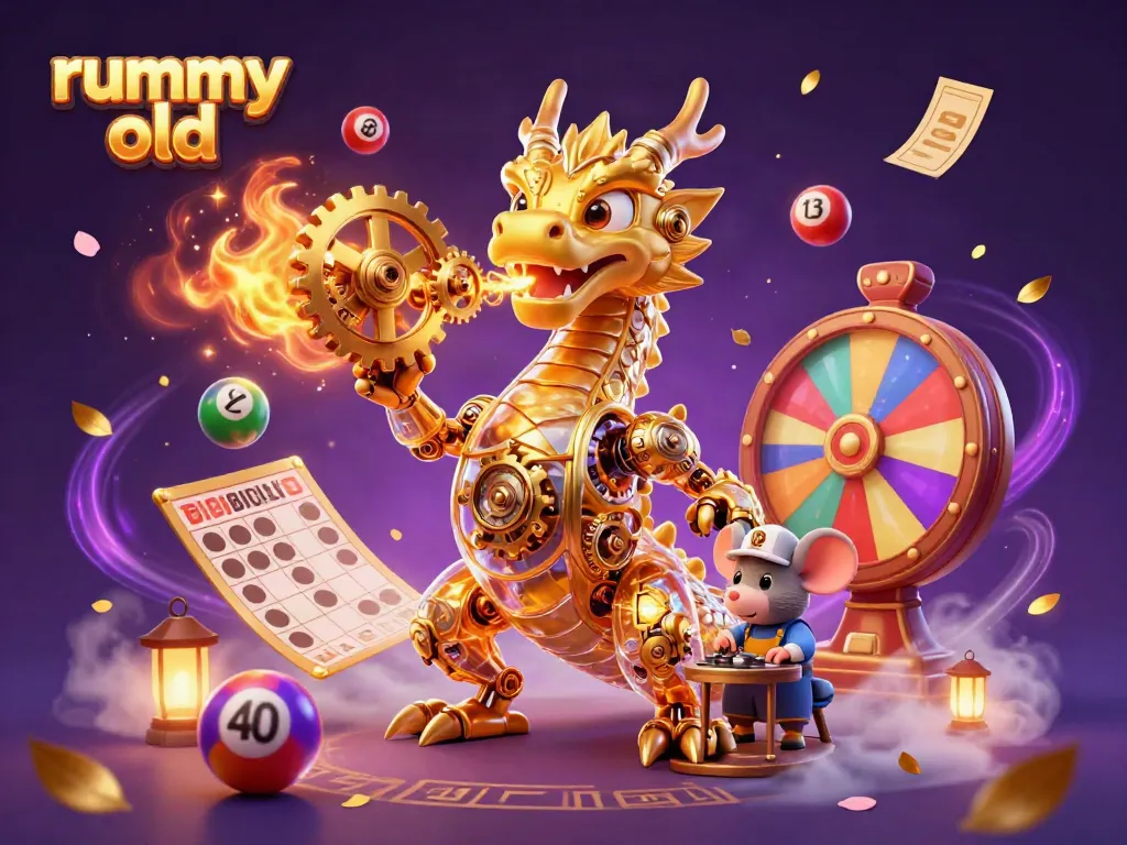 Engage with rummy old in a vibrant 3D scene featuring a golden dragon, vibrant lottery elements, and fantasy aesthetics.