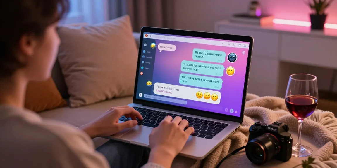 Engaging with an NSFW chat bot in a cozy virtual chat room, featuring a laptop screen with colorful messages.