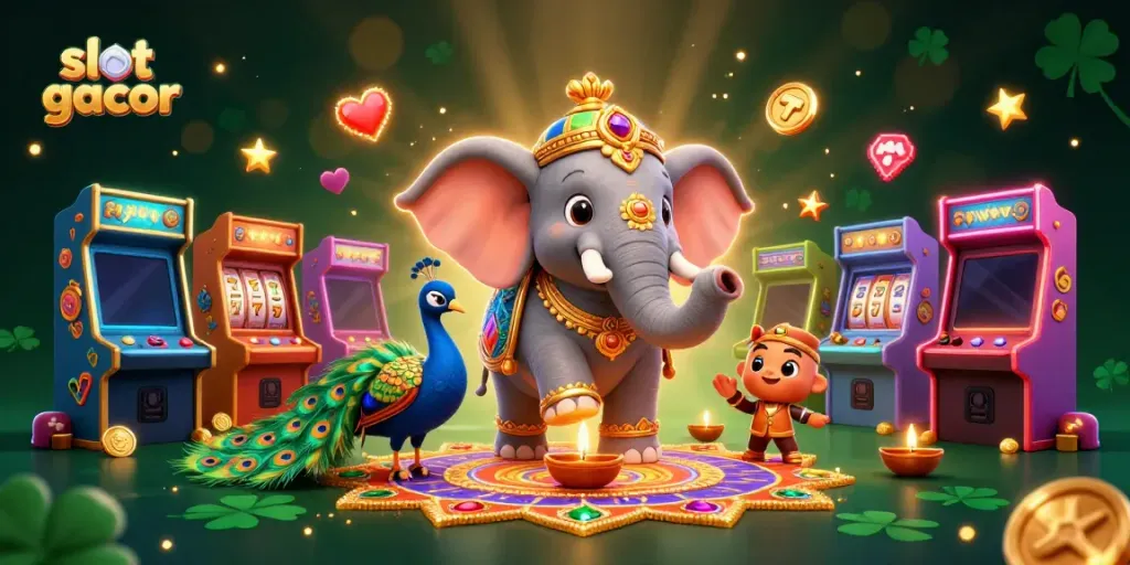 Menambahkan pengalaman bermain slot gacor dengan ilustrasi 3D megah dari gajah dan burung merak.