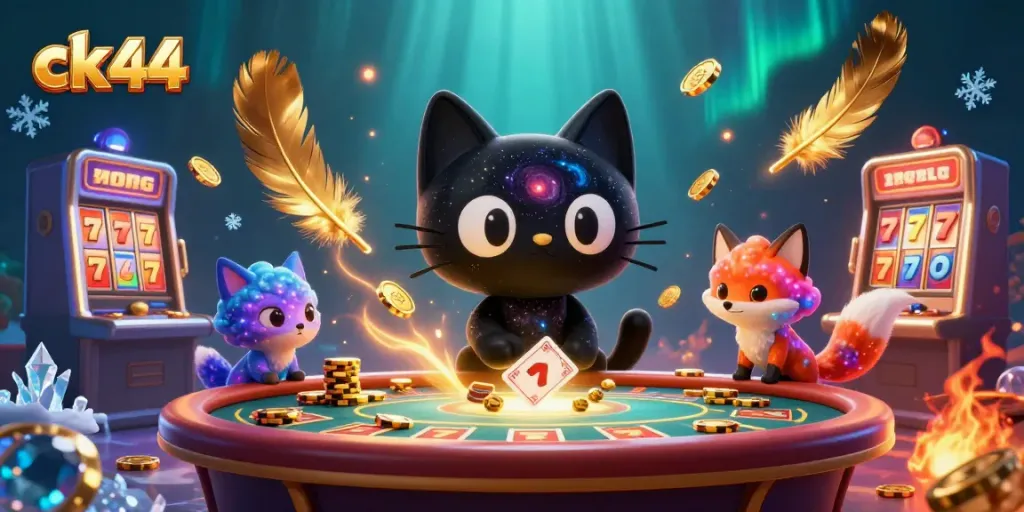 Experience the thrill of ck 44 with a cosmic themed casino scene featuring animated characters pulling in winning chips.