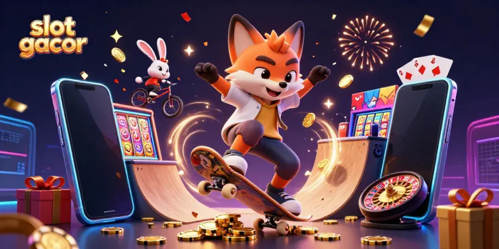 Engaging scene of slot gacor action with a skateboarder fox and BMX rabbit illustrating playful casino fun.