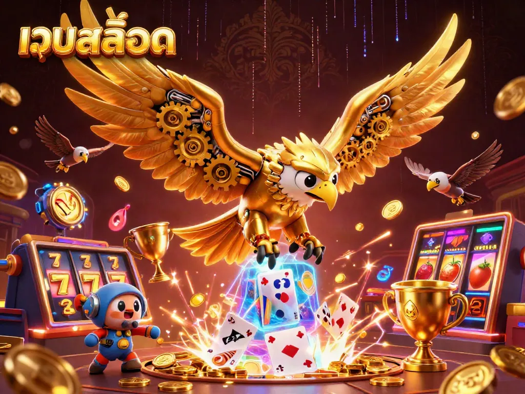 Experience the excitement of เว็บสล็อต with a vibrant illustration depicting a cybernetic eagle amidst flying slot reels.