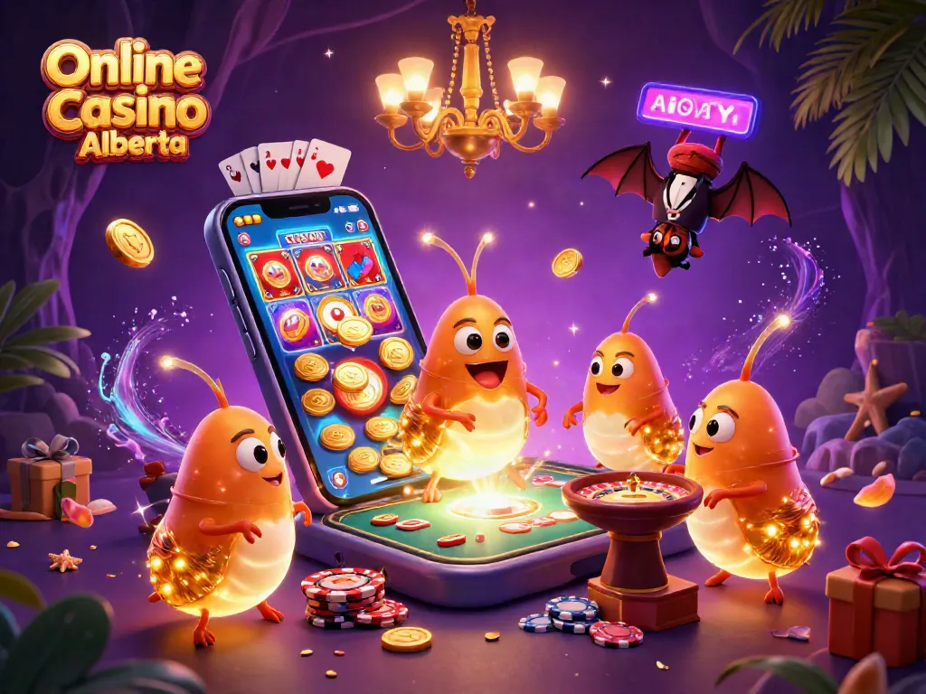 Experience Online Casino Alberta with a vibrant cartoon scene featuring glowworms, a bat dealer, and dynamic gaming elements.