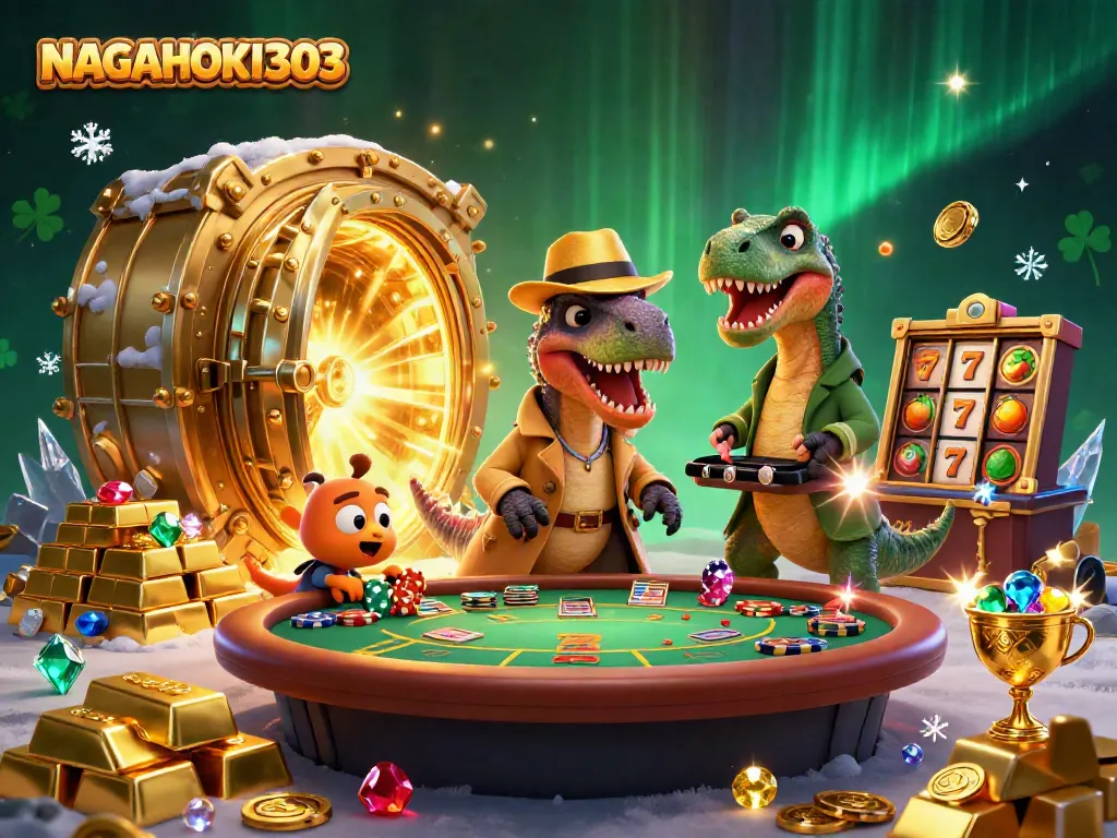 Menghitung kartu NAGAHOKI303, velociraptor dan boss stegosaurus di meja permainan Blackjack, dengan efek kilau emas.