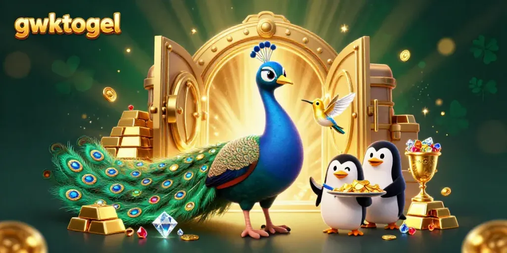 Menampilkan gwktogel dengan karakter unik peacock kerajaan dan pengantar penguin dalam ilustrasi berkilau.