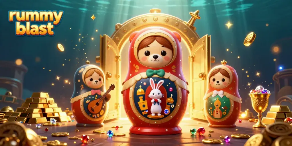 Engage in thrilling rummy blast gameplay with dynamic 3D casino elements and playful characters.